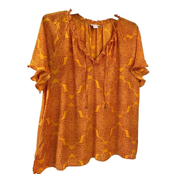 Liz Claiborne Tops - Liz Claiborne Boho Style Orange Paisley Print Flutter Sleeve Tie V-Neck Size XXL